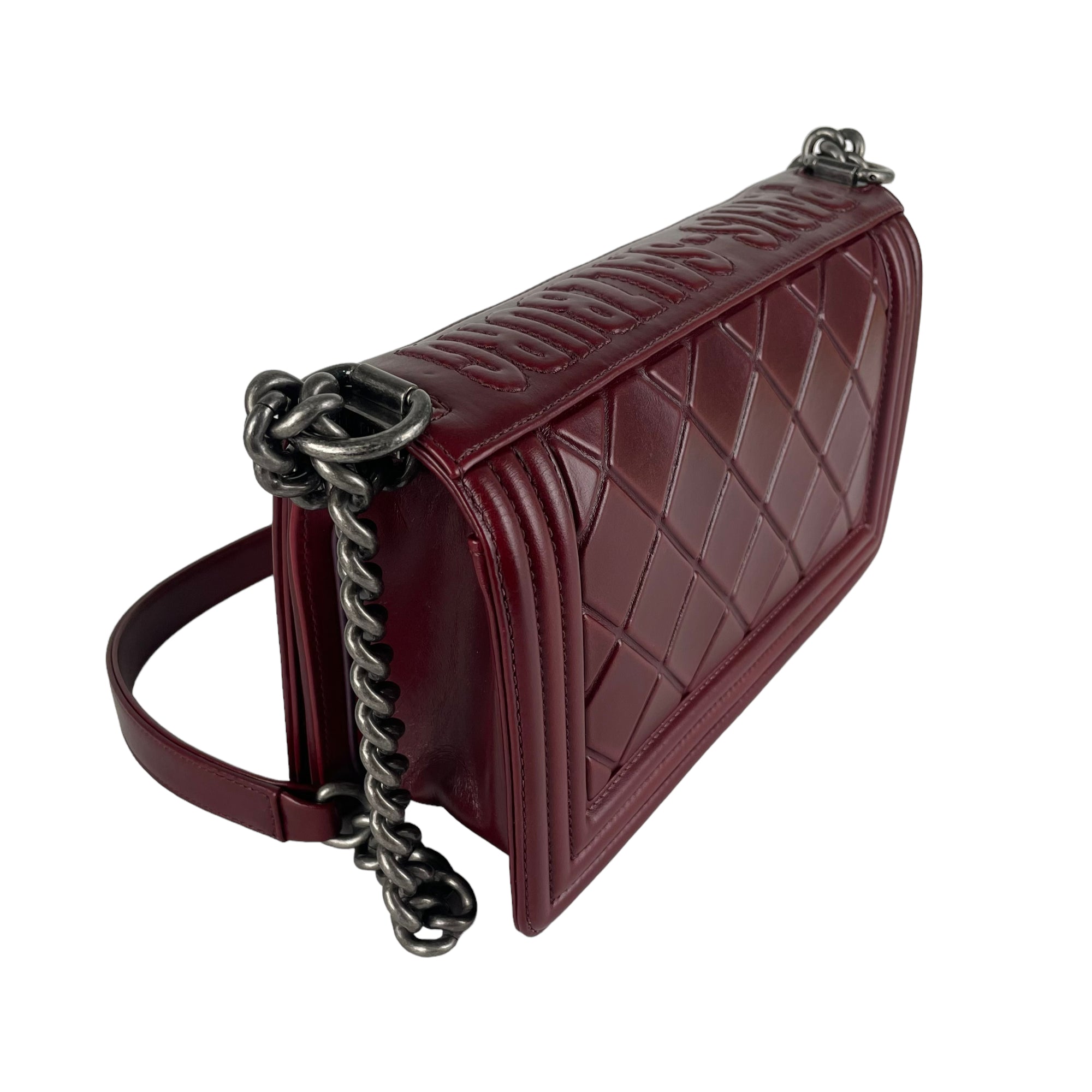 Chanel 2014 Boy Medium Shoulder Bag Velvet Burgundy 14P A92489