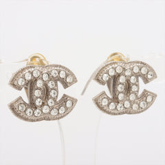 Chanel Coco Logo Rhinestone Silver Clip On Earrings