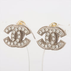 Chanel Coco Logo Rhinestone Silver Clip On Earrings