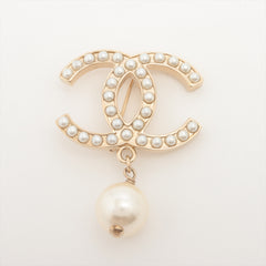 Chanel Coco Logo Gold Pearl Drop Brooch Costume Jewellery