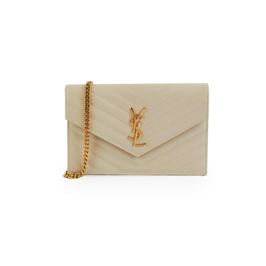 Saint Laurent Cassandra Envelope Chain Wallet Bag in Dark Beige