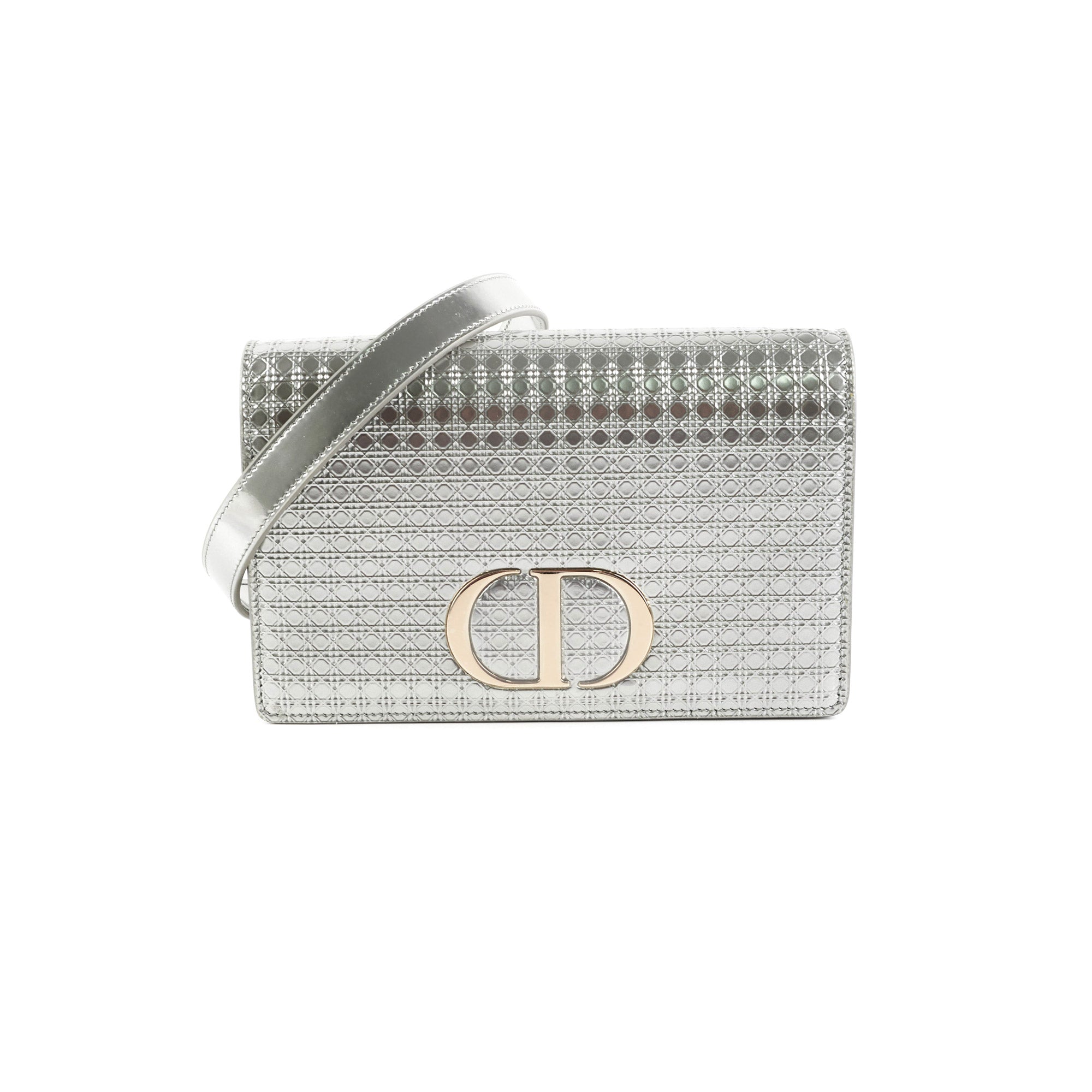 Dior Metallic Patent Micro-Cannage 30 Montaigne Belt Shoulder Bag, Silver, NEW