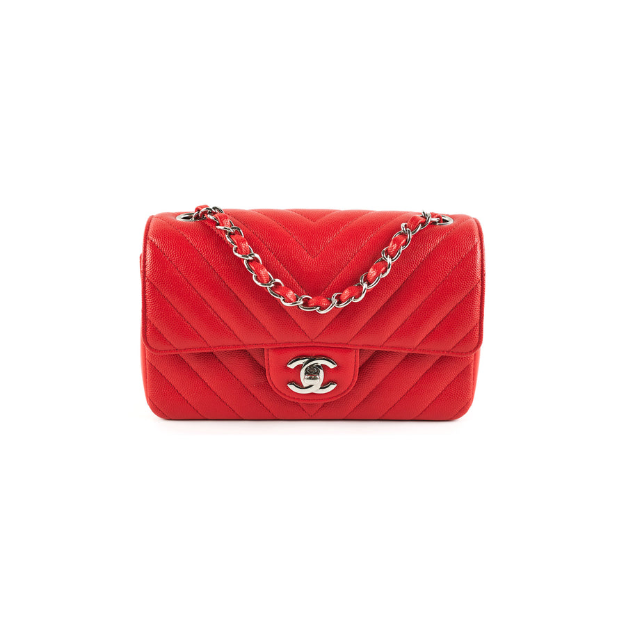 CHANEL Small Chevron Quilted Caviar Compact Flap Wallet Red
