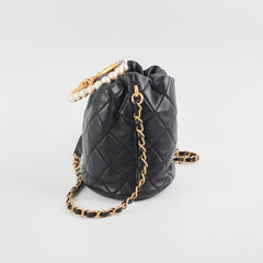 Chanel Pearl Top Handle Bucket Bag Lambskin Black