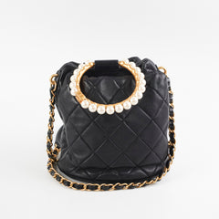 Chanel Pearl Top Handle Bucket Bag Lambskin Black