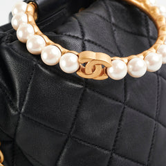 Chanel Pearl Top Handle Bucket Bag Lambskin Black