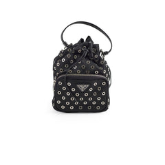 Prada Tessuto Nylon Saffiano Grommets Mini Bucket Crossbody Black