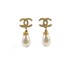 Chanel CC Logo Pearl Drop Earrings Costume Jewellery