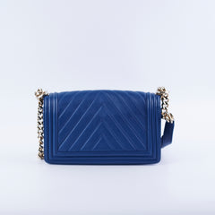 Chanel Old Medium Boy Chevron Lambskin Blue Bag