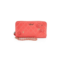 Chanel Lambskin Camelia Long Wallet Coral with Wrist Chain