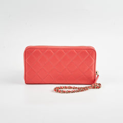 Chanel Lambskin Camelia Long Wallet Coral with Wrist Chain