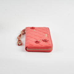 Chanel Lambskin Camelia Long Wallet Coral with Wrist Chain