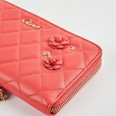 Chanel Lambskin Camelia Long Wallet Coral with Wrist Chain