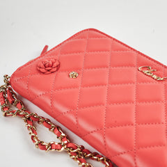 Chanel Lambskin Camelia Long Wallet Coral with Wrist Chain