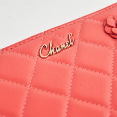 Chanel Lambskin Camelia Long Wallet Coral with Wrist Chain