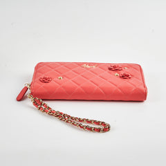 Chanel Lambskin Camelia Long Wallet Coral with Wrist Chain