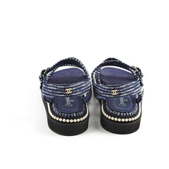 Chanel Tweed Sandals with Pearls Size 40 Blue