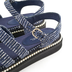 Chanel Tweed Sandals with Pearls Size 40 Blue