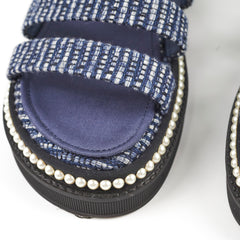 Chanel Tweed Sandals with Pearls Size 40 Blue