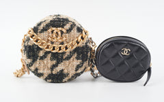 Chanel 19 Houndstooth Tweed Round Clutch Beige