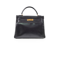 Hermes Kelly 32 Black Box Leather Circle V Stamp