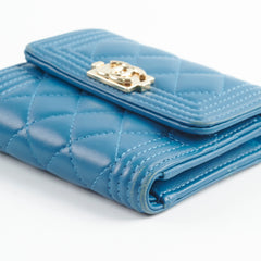 Chanel Boy Lambskin Quilted Flap Wallet Blue