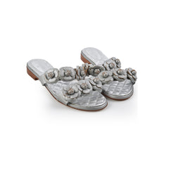 Chanel Lambskin Camelia Silver Sandals Size 40