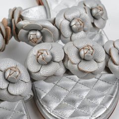 Chanel Lambskin Camelia Silver Sandals Size 40