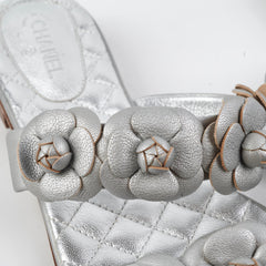 Chanel Lambskin Camelia Silver Sandals Size 40