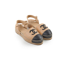 Chanel Beige Black Open Espadrilles Size 36