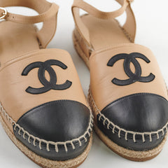 Chanel Beige Black Open Espadrilles Size 36