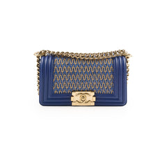 Chanel Small Boy Navy Raffia Crossbody Bag