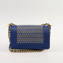 Chanel Small Boy Navy Raffia Crossbody Bag