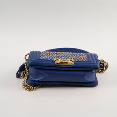 Chanel Small Boy Navy Raffia Crossbody Bag