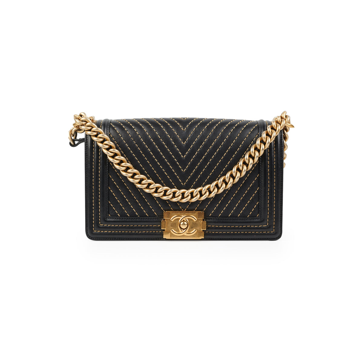 Chanel Medium Boy Bag Black Caviar Antique Gold Hardware – Madison Avenue  Couture