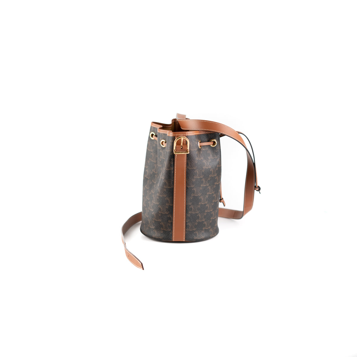 Shop CELINE Triomphe Canvas Small bucket in triomphe canvas and calfskin  (191442FLC.02GR, 191442CAS.01BC, 191442CAS.04LU) by MoonSwan