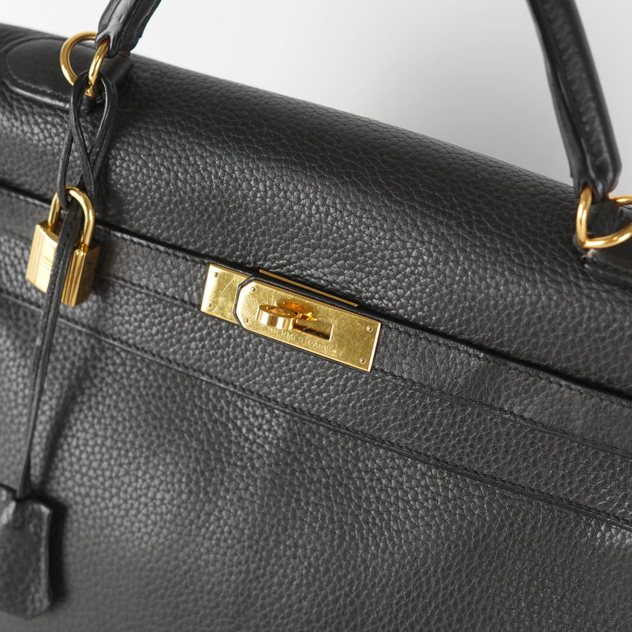 Hermes Kelly Handbag Noir Ardennes with Gold Hardware 35 Black