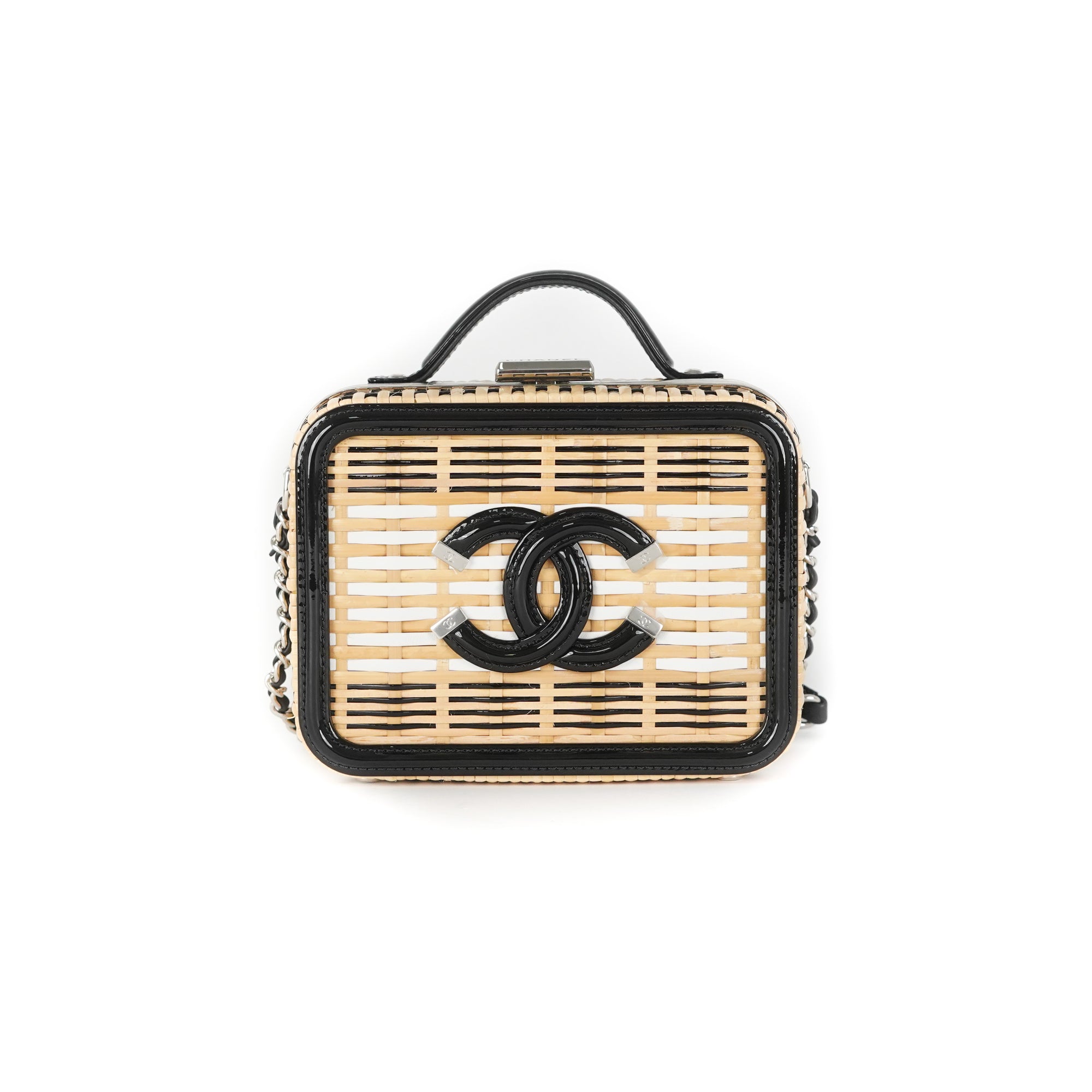 Chanel Vanity Case Beige & White, Rattan, Patent Calfskin & Silver-Ton