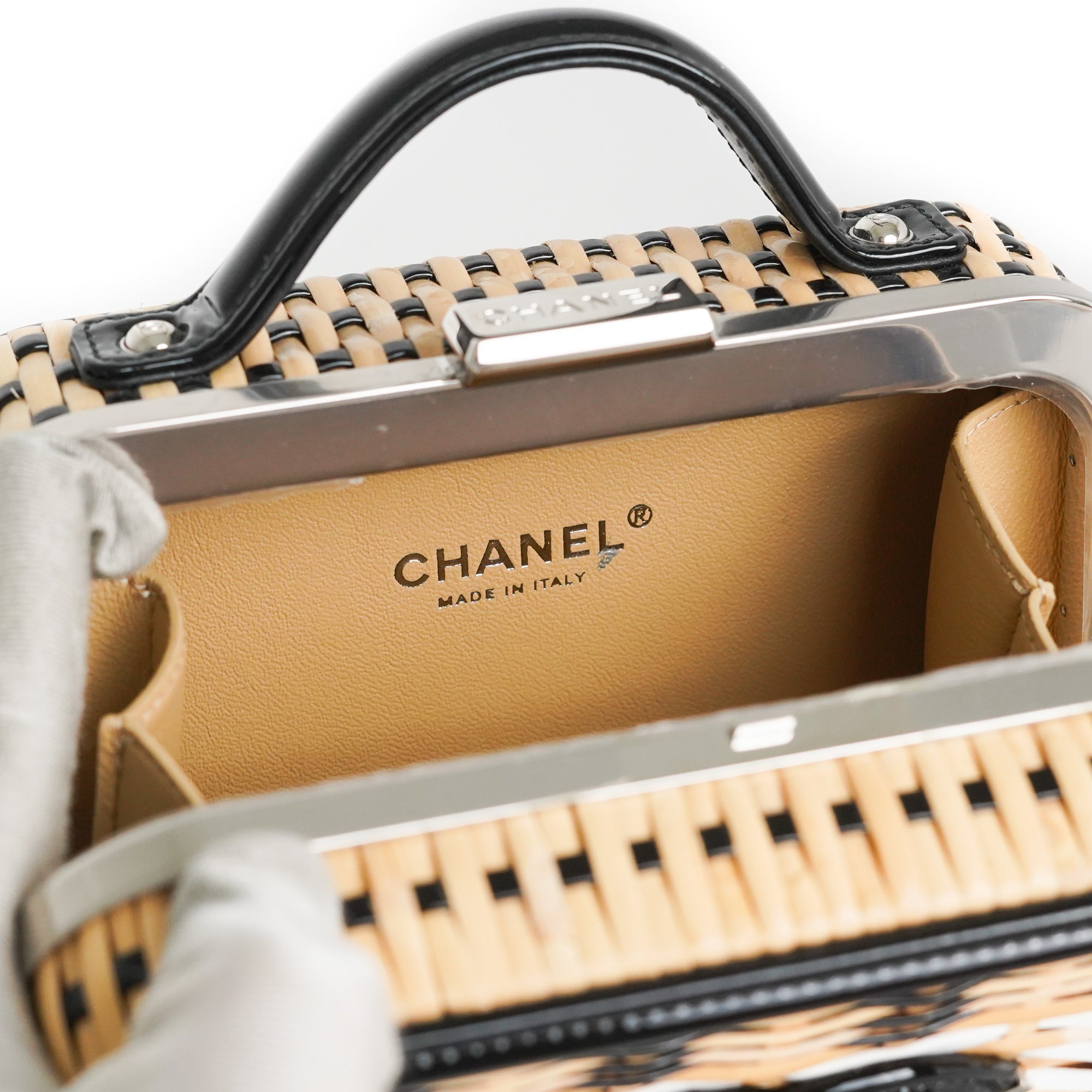 Chanel Vanity Case Beige & White, Rattan, Patent Calfskin & Silver-Ton