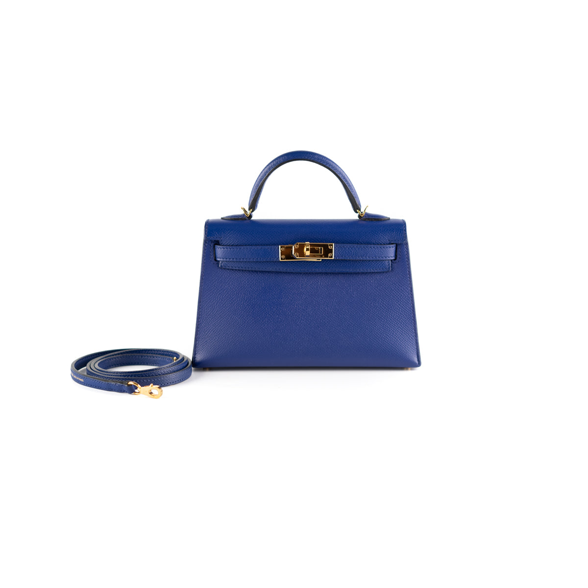 Hermes Kelly 20 Mini Sellier Bag Blue Brume Epsom Leather Gold Hardware •  MIGHTYCHIC • 