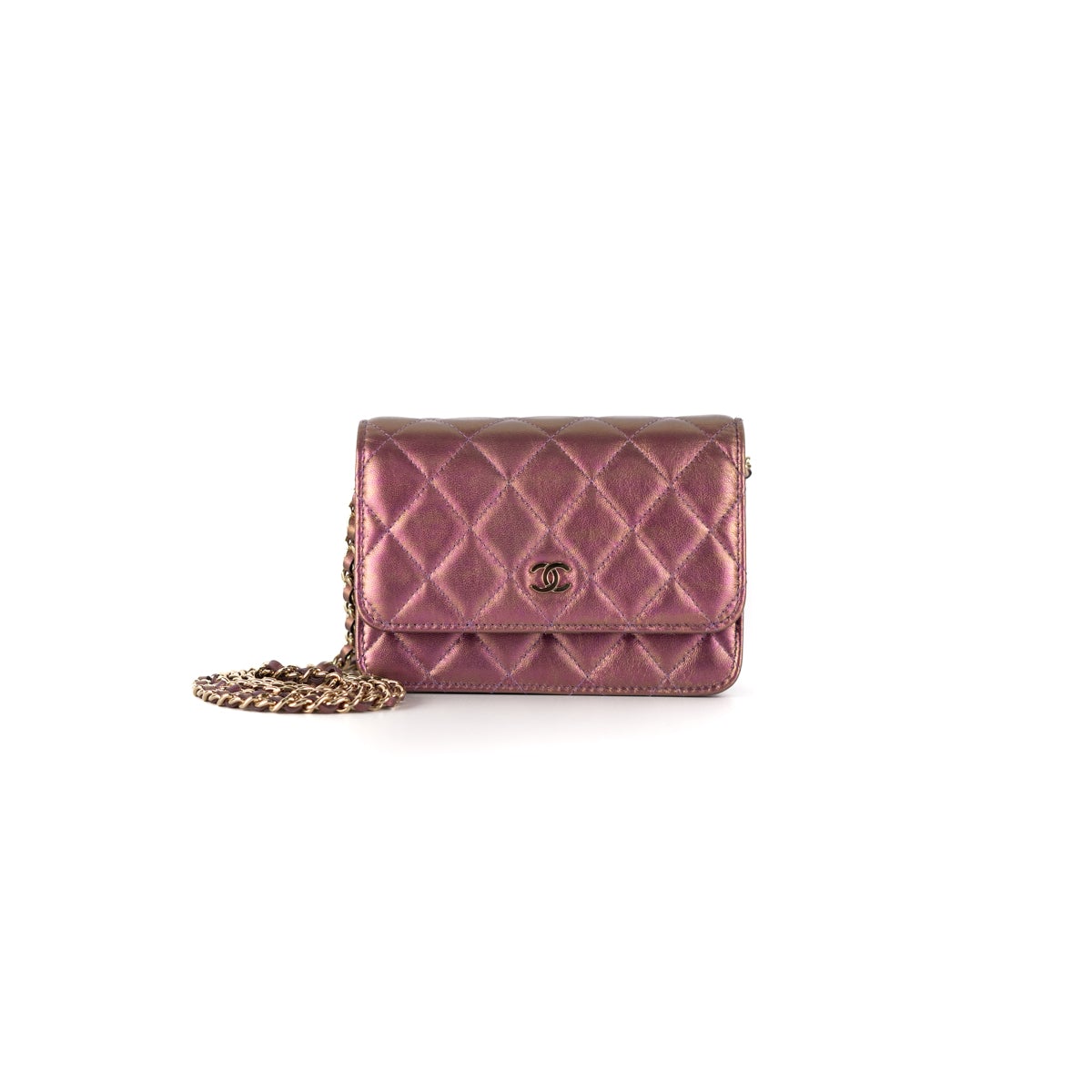 Chanel Mini Iridescent Purple Quilted Lambskin Wallet on a Chain