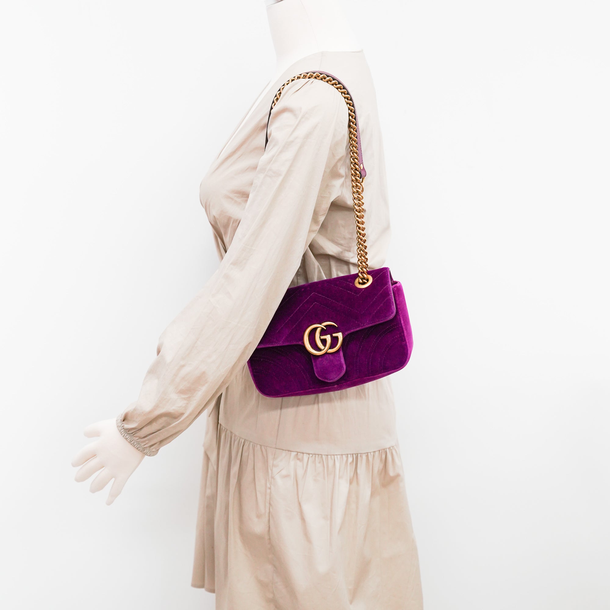 Gucci Purple Matelassé Velvet Small GG Marmont Shoulder Bag