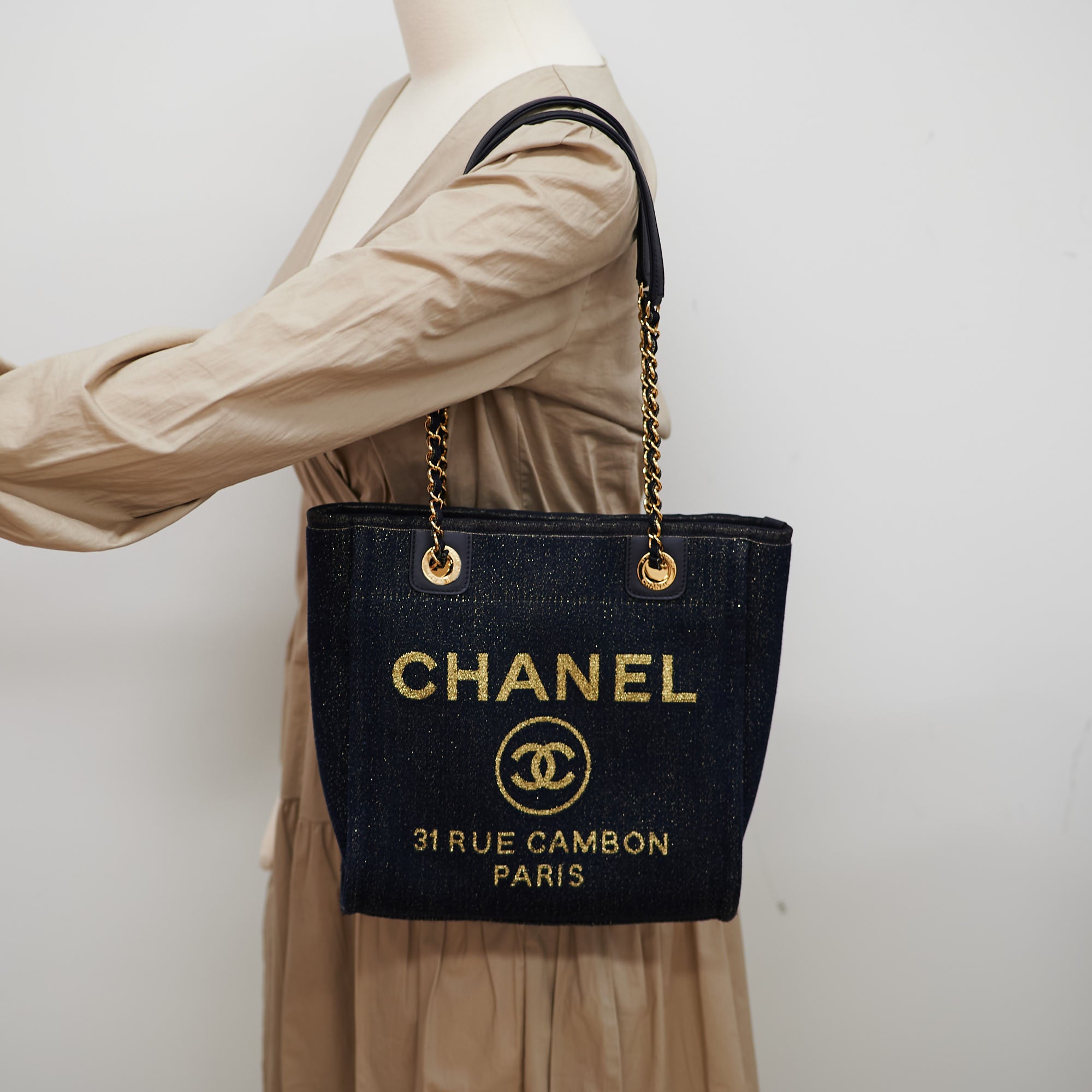 CHANEL Navy Blue Canvas Glitter Small Medium Deauville Tote Bag Light –  AYAINLOVE CURATED LUXURIES