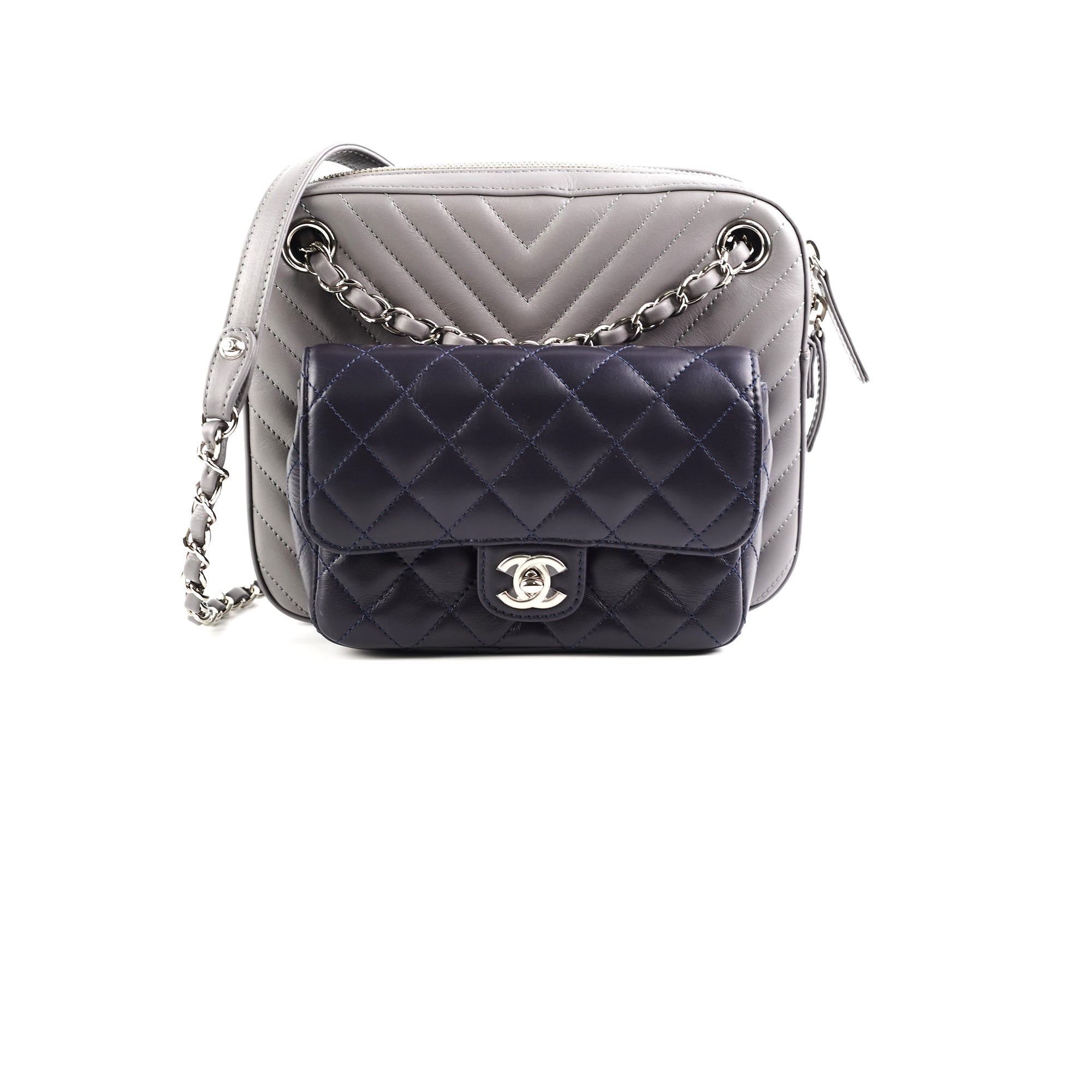 Chanel Mini Rectangular Flap Chevron Leather Crossbody Bag Navy Blue