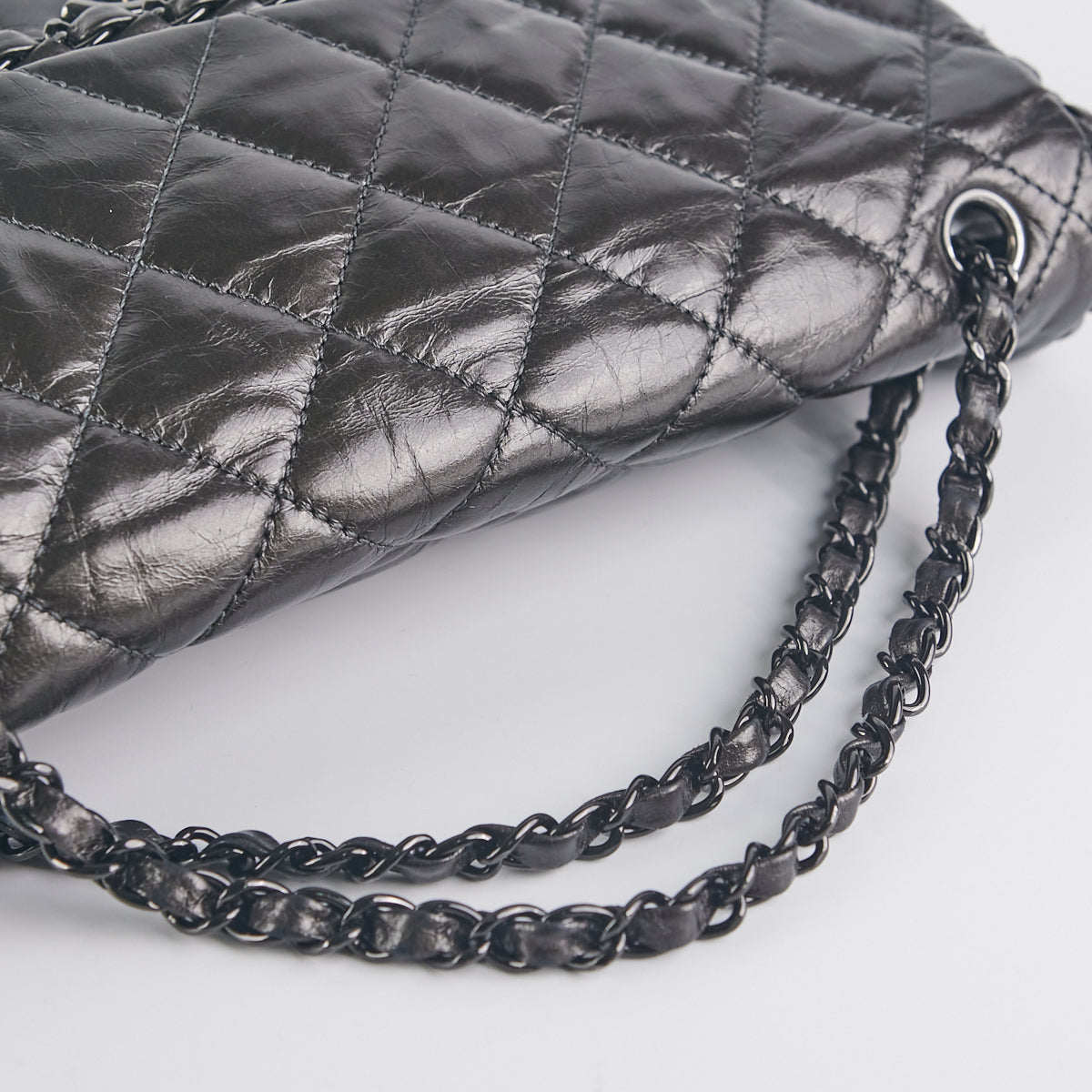 CHANEL Leather Chain Around Flap Bag Silver