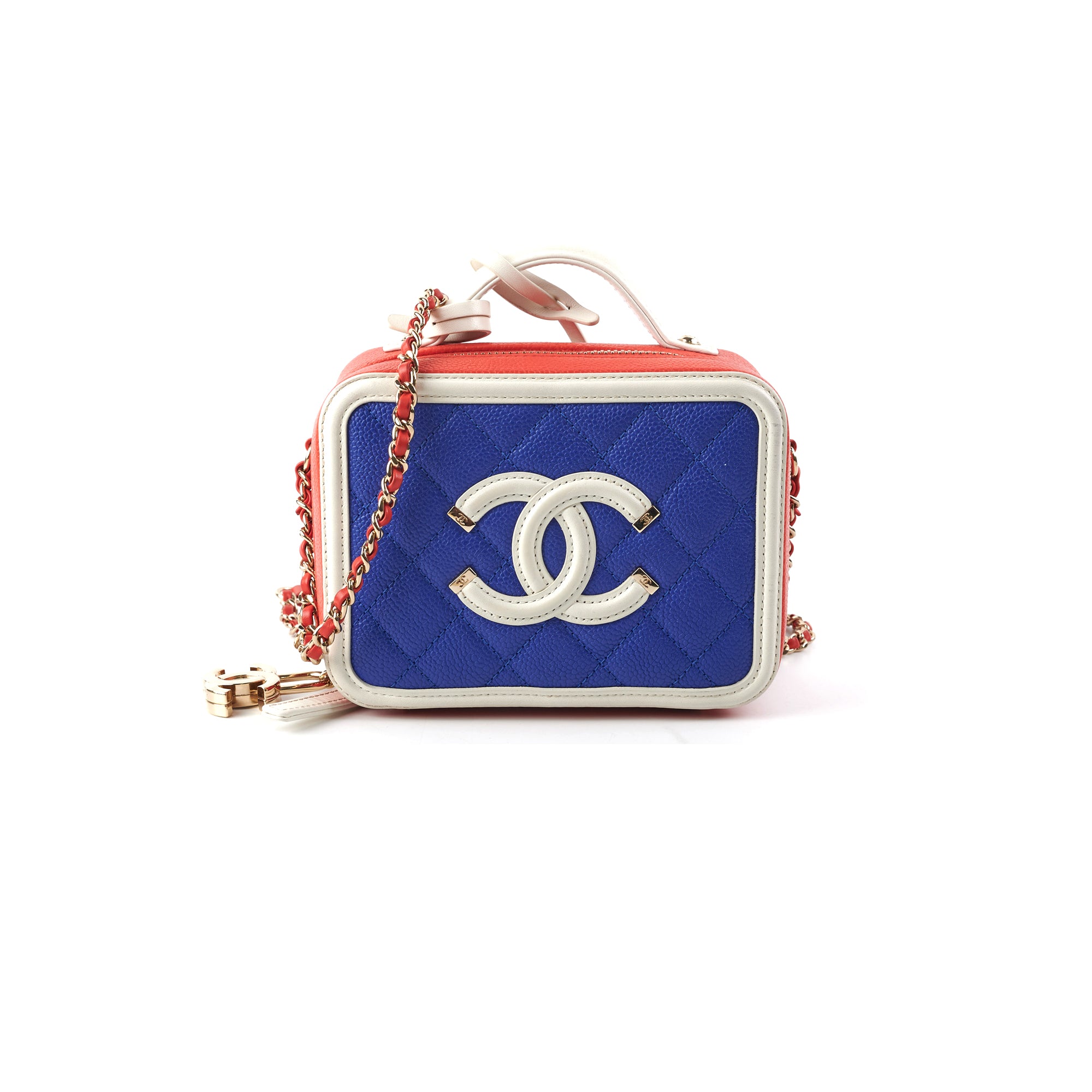 RARE! 🌸19C CHANEL Caviar Vanity Filigree CC 🌸 Small Pink Stripe Case SHW  Bag 
