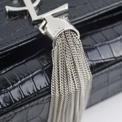 Saint Laurent Kate Tassel Original Small Crocodile Embossed Black - THE  PURSE AFFAIR