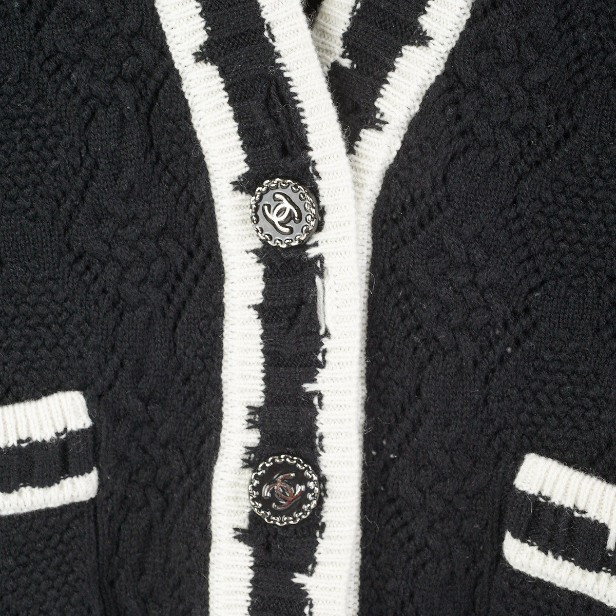 CHANEL Cashmere Knit Fringe Cardigan Black White