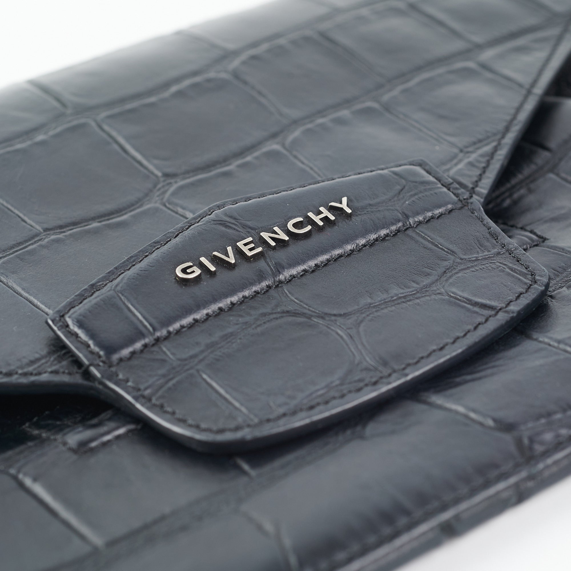Givenchy Antigona Croc Print Envelope Clutch Black - THE PURSE AFFAIR
